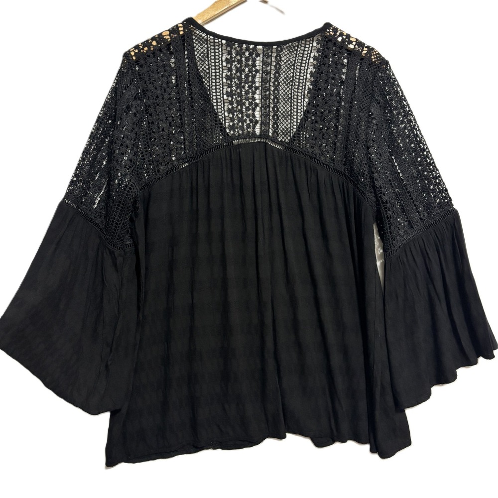Bell Sleeve Blouse Black Crochet Lace Boho Peasant Festival Date Casual Hippie L - Picture 3 of 7